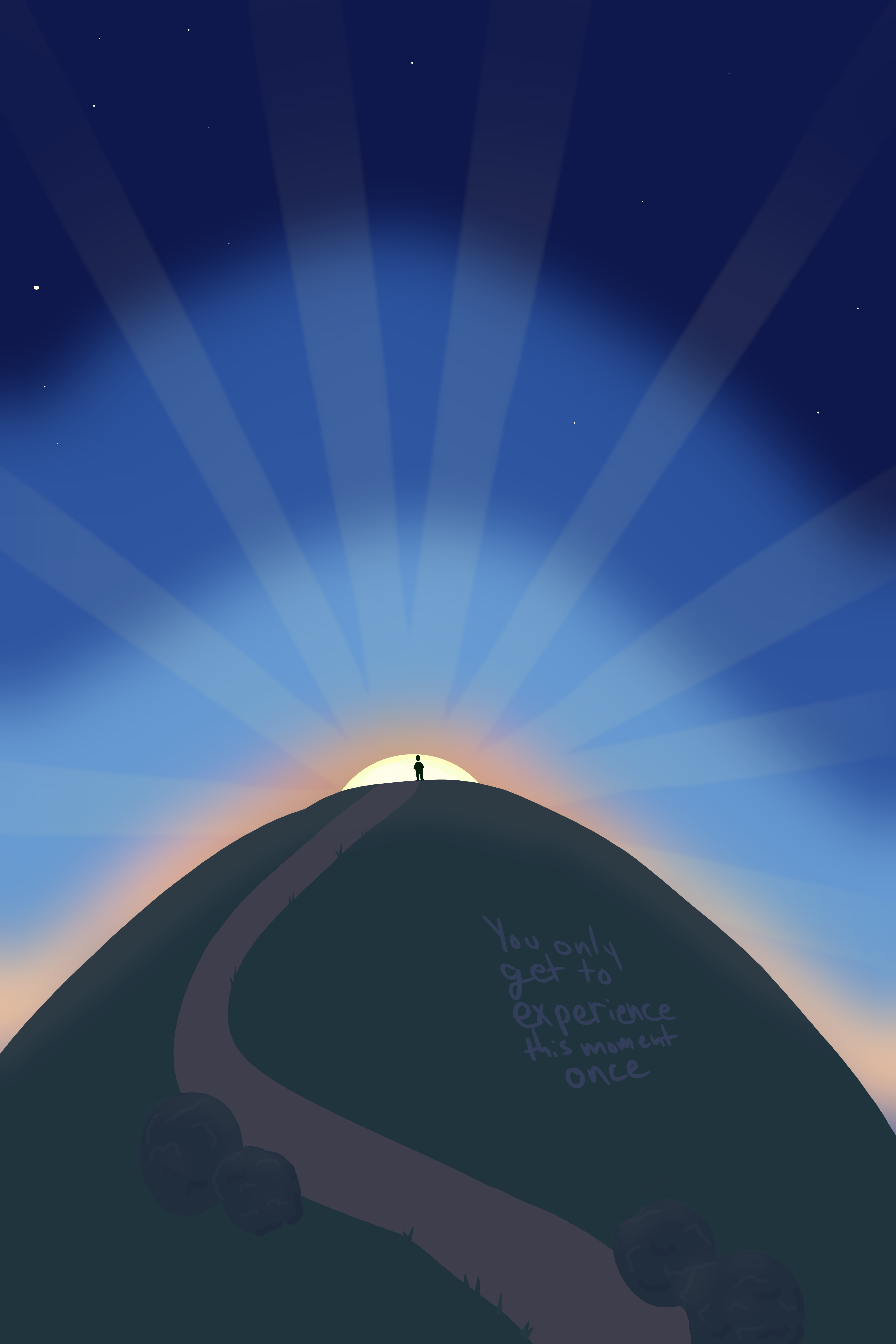 drawing: Standing on a hill at sunrise 'you only experience this moment once'